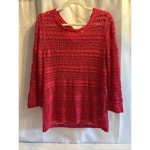 Dressbarn Sweater XL Pink Crochet Open‎ Weave 3/4 Sleeve Grannycore Bohemian
